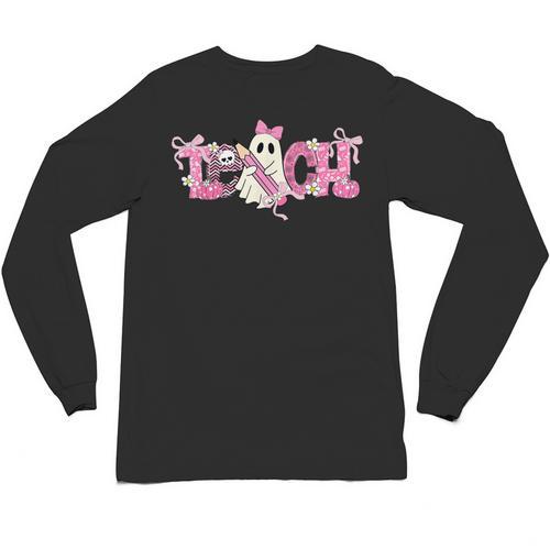 Pink Ghost Teach Halloween Teacher In Spooky Season Unisex Long Sleeve T-Shirt - teacherstshirts.com AU