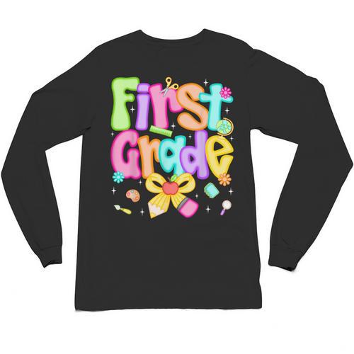 Preppy First Grade Back To School 1st Grade Teacher Girl Kid Unisex Long Sleeve T-Shirt - teacherstshirts.com CA
