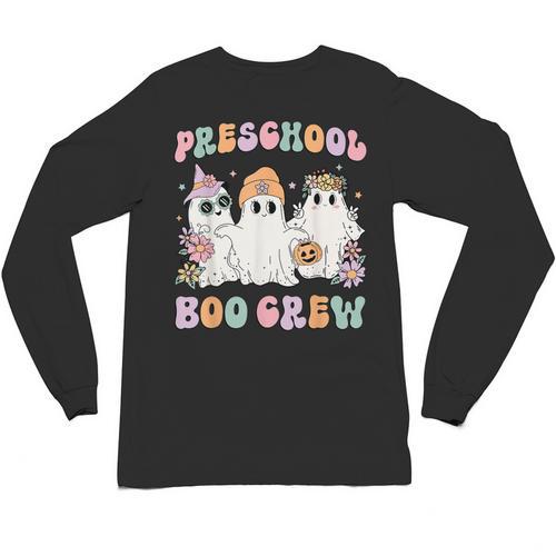 Preschool Boo Crew Groovy Halloween Floral Ghost Teacher Men Women Kids Unisex Long Sleeve T-Shirt - teacherstshirts.com DE