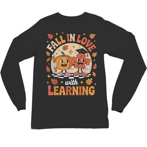 Retro Fall In Love With Learning Pumpkin Leaf Teacher Autumn Unisex Long Sleeve T-Shirt - teacherstshirts.com AU