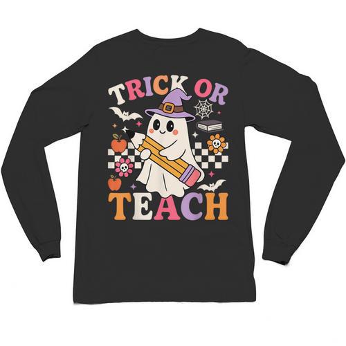 Retro Floral Ghost Trick Or Teach Groovy Teacher Halloween Unisex Long Sleeve T-Shirt - teacherstshirts.com UK