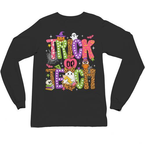 Retro Trick Or Teach Leopard Ghost Halloween Spooky Teacher Unisex Long Sleeve T-Shirt - teacherstshirts.com UK