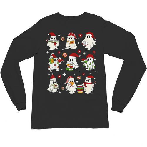 Santa Ghost Reading Books Christmas Library Teacher Unisex Long Sleeve T-Shirt - teacherstshirts.com UK