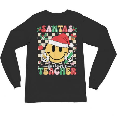 Santas Favorite Teacher Retro Groovy Smile Face Christmas Unisex Long Sleeve T-Shirt - teacherstshirts.com UK