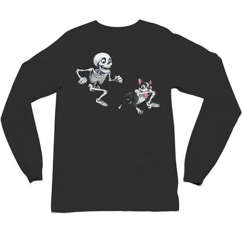 Skeleton Chasing Dog Boston Terrier Halloween Pet Lover Unisex Long Sleeve T-Shirt - Bostonterriersmerch.com AU