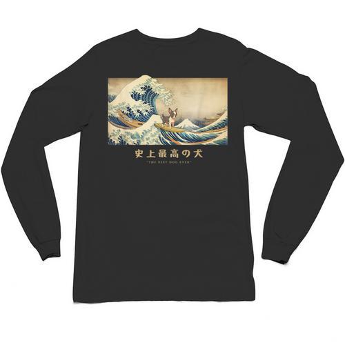 Surfing Boston Terrier Kanagawa Wave Japanese Dog For Men Women Kids Unisex Long Sleeve T-Shirt - Bostonterriersmerch.com