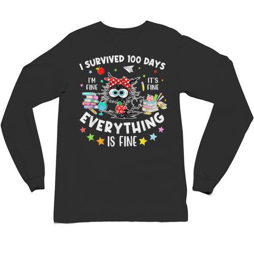 I Survived 100 Days Of School Teacher Kids Cat Lover Unisex Long Sleeve T-Shirt - teacherstshirts.com UK
