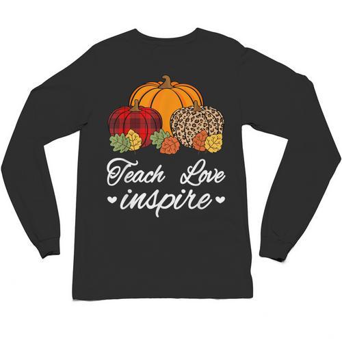 Teach Love Inspire Autumn Fall Plaid Leopard Pumpkin Teacher For Men Women Kids Unisex Long Sleeve T-Shirt - teacherstshirts.com UK