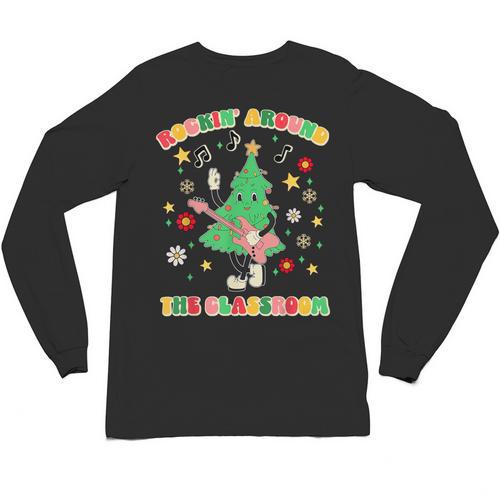Teacher Christmas Shirts Pajama Matching Rockin' Around The Classroom -Adult Short Sleeve Small Modern Festive Christmas Teacher Xmas Vibes T-Shirt Unisex Long Sleeve T-Shirt - teacherstshirts.com DE
