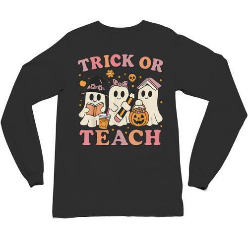 Teacher Halloween Trick Or Teach Cute Ghost Coffee Pumpkins Unisex Long Sleeve T-Shirt - teacherstshirts.com
