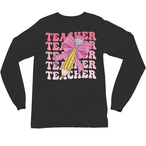 Teacher Pencil Back To School Groovy Pink Teacher First Day Unisex Long Sleeve T-Shirt - teacherstshirts.com