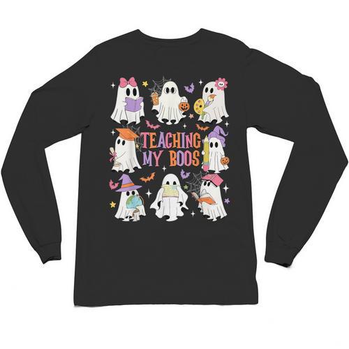 Teaching My Boos Teacher Cute Ghost Groovy Teacher Halloween Unisex Long Sleeve T-Shirt - teacherstshirts.com CA
