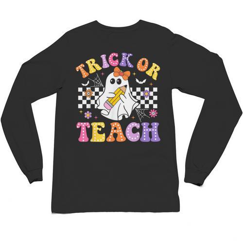 Trick Or Teach Groovy Halloween Teachers Unisex Long Sleeve T-Shirt - teacherstshirts.com DE