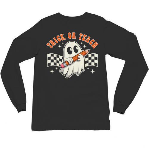 Trick Or Teach Groovy Retro Ghost Halloween Teacher Kids Unisex Long Sleeve T-Shirt - teacherstshirts.com UK
