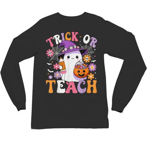 Trick Or Teach Groovy Teacher Ghost Halloween Teacher Unisex Long Sleeve T-Shirt - teacherstshirts.com AU