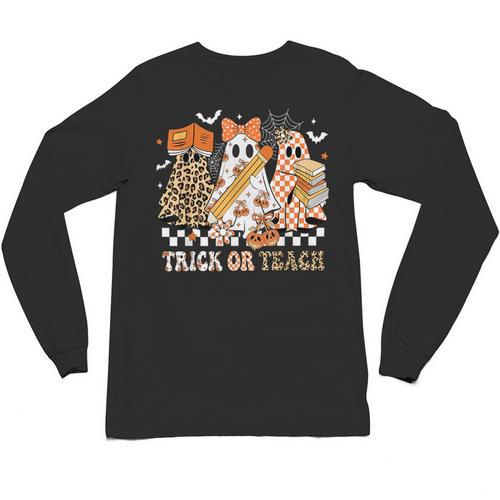 Trick Or Teach Groovy Teacher Halloween Floral Ghost Unisex Long Sleeve T-Shirt - teacherstshirts.com AU