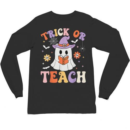 Trick Or Teach Teacher Groovy Ghost Halloween Teacher Unisex Long Sleeve T-Shirt - teacherstshirts.com DE