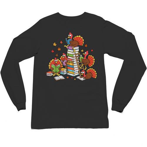 Turkey Reading Books Fall Thanksgiving Teacher Librarian Unisex Long Sleeve T-Shirt - teacherstshirts.com