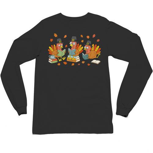 Turkey Reading Books Fall Thanksgiving Teacher Student Unisex Long Sleeve T-Shirt - teacherstshirts.com DE