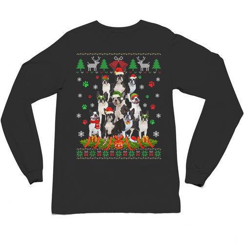 Ugly Sweater Christmas Tree Boston Terrier Dog Xmas Pajama Unisex Long Sleeve T-Shirt - Bostonterriersmerch.com