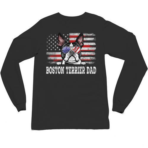 Vintage Boston Terrier Dad American Flag Father's Day Unisex Long Sleeve T-Shirt - Bostonterriersmerch.com
