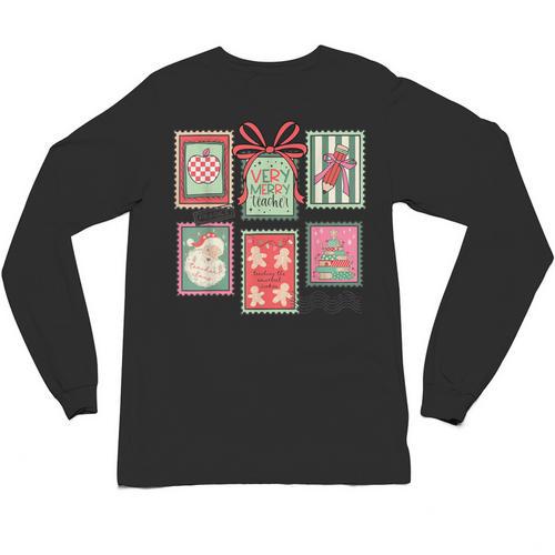 Vintage Preppy Very Merry Teacher Santa Stamps Christmas Unisex Long Sleeve T-Shirt - teacherstshirts.com DE
