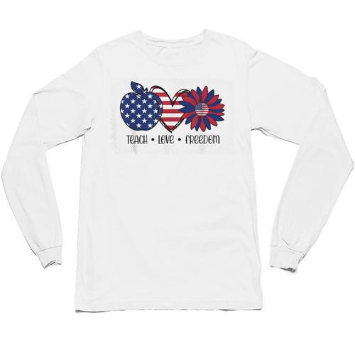 American Flag Teach Love Freedom Preschool Teacher 4th July Unisex Long Sleeve T-Shirt - teacherstshirts.com UK