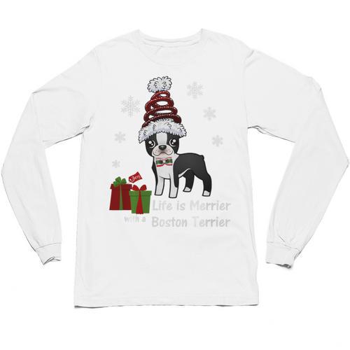 Boston Terrier Christmas T Shirt-Life Is Merrier Premium Tri-Blend Unisex Long Sleeve T-Shirt - Bostonterriersmerch.com