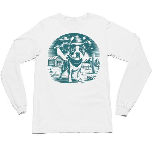 Boston Terrier Cowboy UFO Shirt Vintage Western Dog Mom Tee Unisex Long Sleeve T-Shirt - Bostonterriersmerch.com