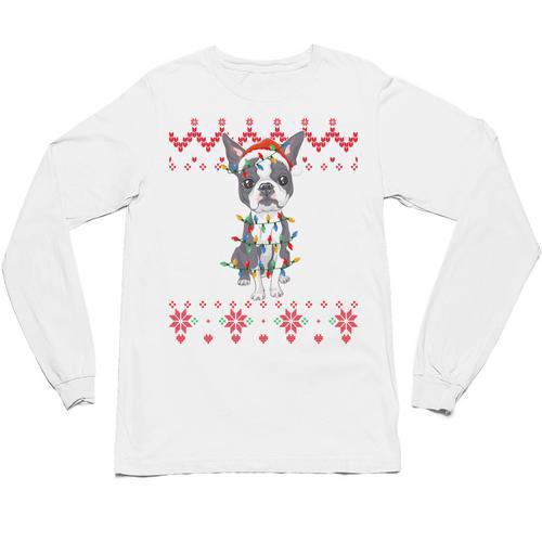 Boston Terrier Dog Santa Hat Men Kids Ugly Christmas Light Unisex Long Sleeve T-Shirt - Bostonterriersmerch.com