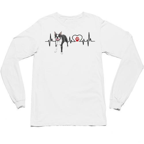 Boston Terrier EKG Heartbeat Heart Line Dog Lovers Unisex Long Sleeve T-Shirt - Bostonterriersmerch.com