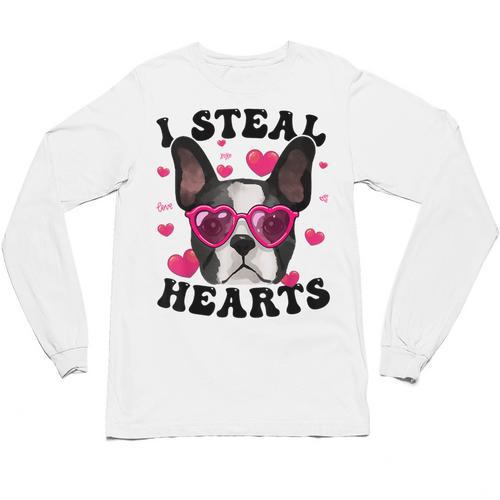 Boston Terrier Heart Glasses Girls Bostie Valentines Day Unisex Long Sleeve T-Shirt - Bostonterriersmerch.com