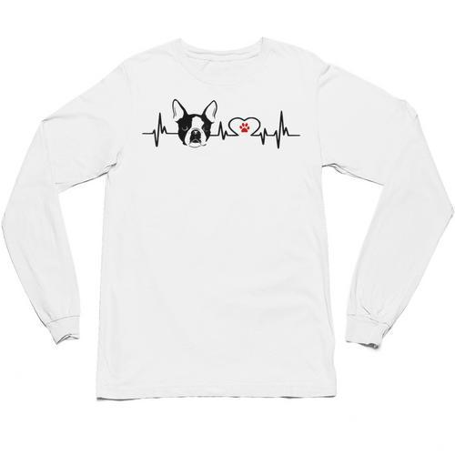 Boston Terrier Heartbeat Heart Line Unisex Long Sleeve T-Shirt - Bostonterriersmerch.com