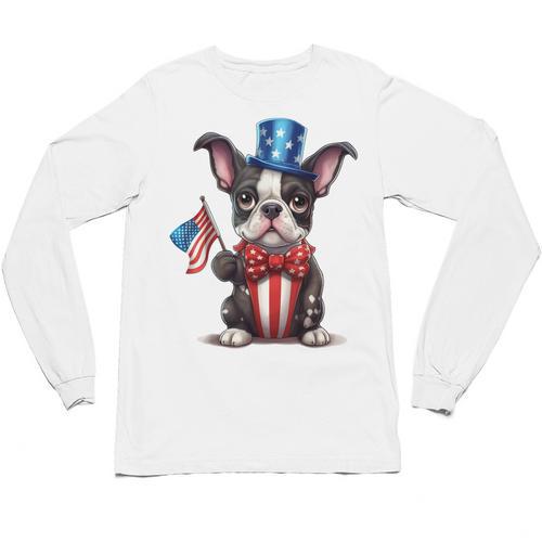 Boston Terrier Puppy Dog Holds His American Flag 4th Of July Unisex Long Sleeve T-Shirt - Bostonterriersmerch.com