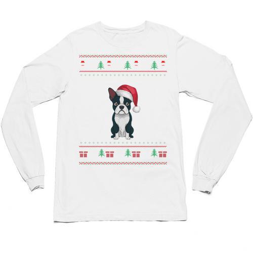 Boston Terrier Wearing Santa Hat Ugly Xmas Dog Lovers Unisex Long Sleeve T-Shirt - Bostonterriersmerch.com CA
