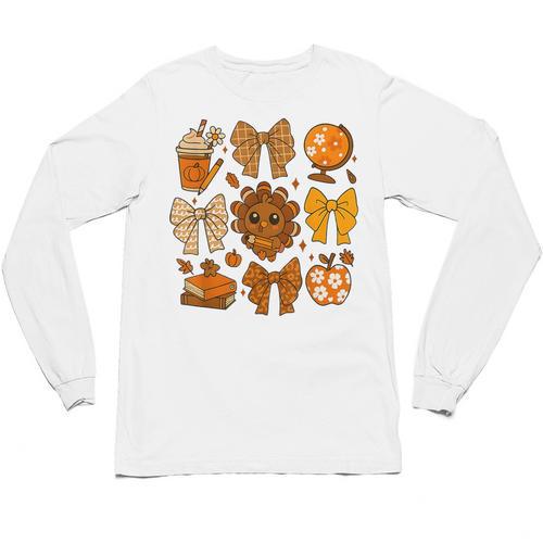 Coquette Teach Teacher Bows Thanksgiving Turkey Fall Autumn Unisex Long Sleeve T-Shirt - teacherstshirts.com UK