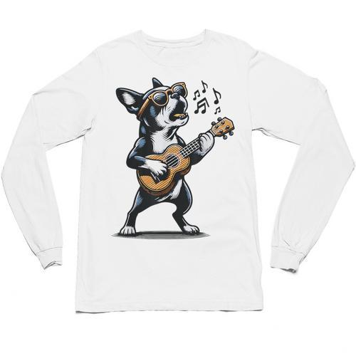 Dog Playing Guitar Singing Boston Terrier For Men Women Girls Kids Unisex Long Sleeve T-Shirt - Bostonterriersmerch.com