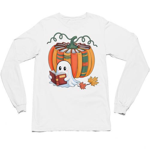 Fall Book Pumpkin Books Ghost Reading Halloween Teacher Unisex Long Sleeve T-Shirt - teacherstshirts.com AU