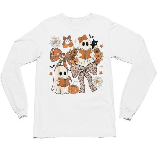 Ghost Reading Books Halloween Bow Spooky Teacher Student Unisex Long Sleeve T-Shirt - teacherstshirts.com DE
