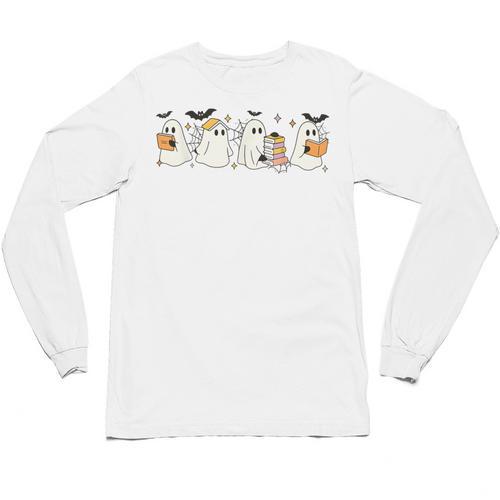 Ghosts Reading Books Library Halloween Teacher Men Women Kid Unisex Long Sleeve T-Shirt - teacherstshirts.com UK
