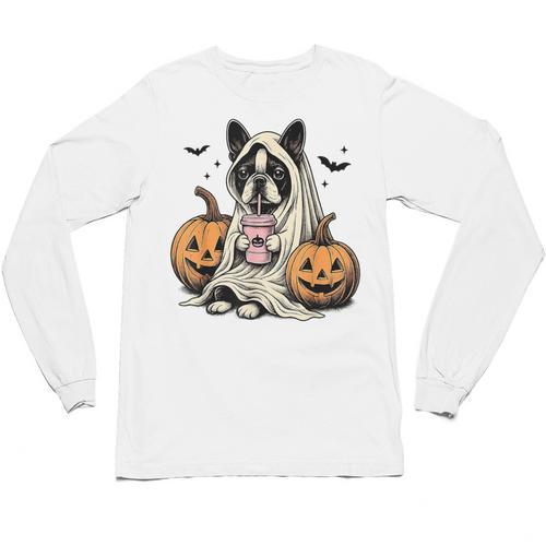 Halloween Boston Terrier Ghost Unisex Long Sleeve T-Shirt - Bostonterriersmerch.com