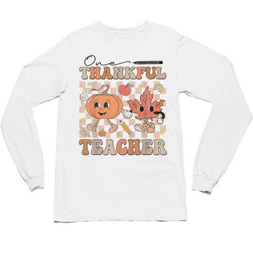 One Thankful Teacher Thanksgiving Groovy Fall Autumn Teacher Unisex Long Sleeve T-Shirt - teacherstshirts.com