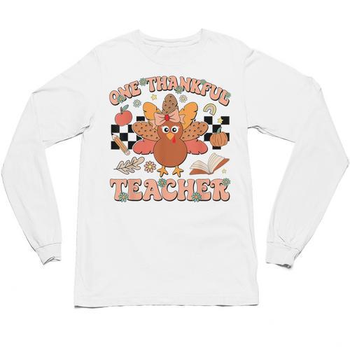 One Thankful Teacher Thanksgiving Retro Groovy Fall Teachers Unisex Long Sleeve T-Shirt - teacherstshirts.com