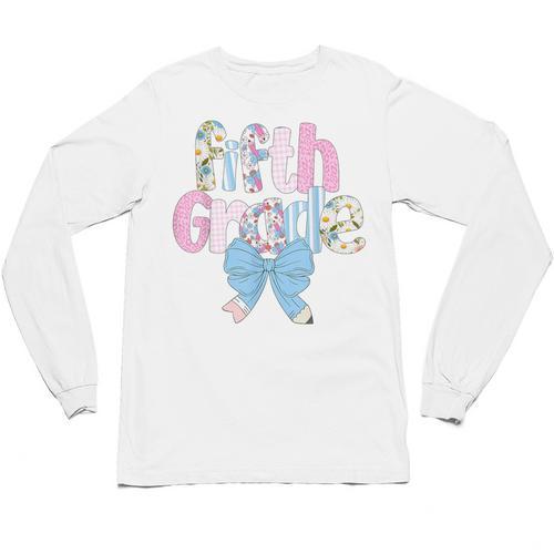 Preppy Fifth Grade Teacher Blue Floral Coquette Pencil Bow Unisex Long Sleeve T-Shirt - teacherstshirts.com DE