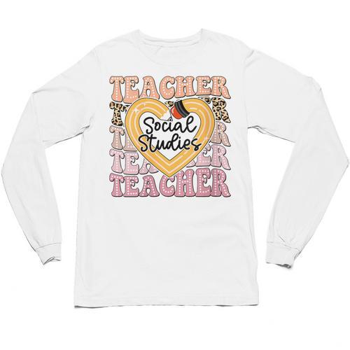 Social Studies Teacher Pencil Heart Leopard Back To School Unisex Long Sleeve T-Shirt - teacherstshirts.com