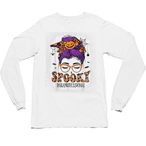 Spooky Paraprofessional Life Halloween Messy Bun Teacher For Men Women Unisex Long Sleeve T-Shirt - teacherstshirts.com UK