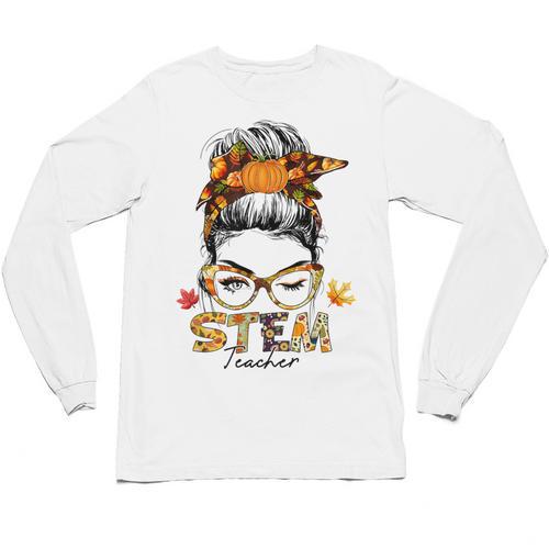 STEM Teacher Messy Bun Fall Vibes Autumn Thanksgiving Men Women Unisex Long Sleeve T-Shirt - teacherstshirts.com DE