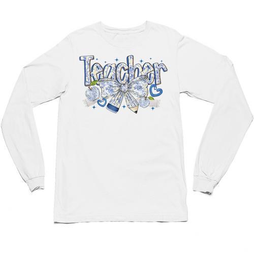 Teacher Blue Chinoiserie Coquette Bow Heart Teacher Life Unisex Long Sleeve T-Shirt - teacherstshirts.com UK