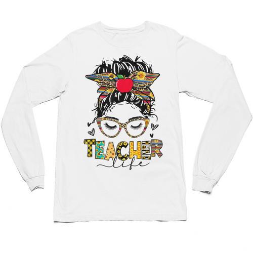 Teacher Life Messy Bun Glasses Leopard Sunflower Unisex Long Sleeve T-Shirt - teacherstshirts.com DE