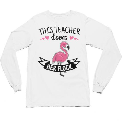 This Teacher Loves Her Flock Cute Flamingo Teacher Unisex Long Sleeve T-Shirt - teacherstshirts.com DE
